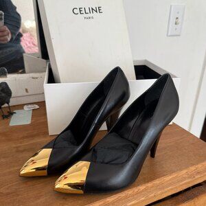 Authentic CELINE Black Leather Triangle Heel Pumps with Gold Tips – Never Worn